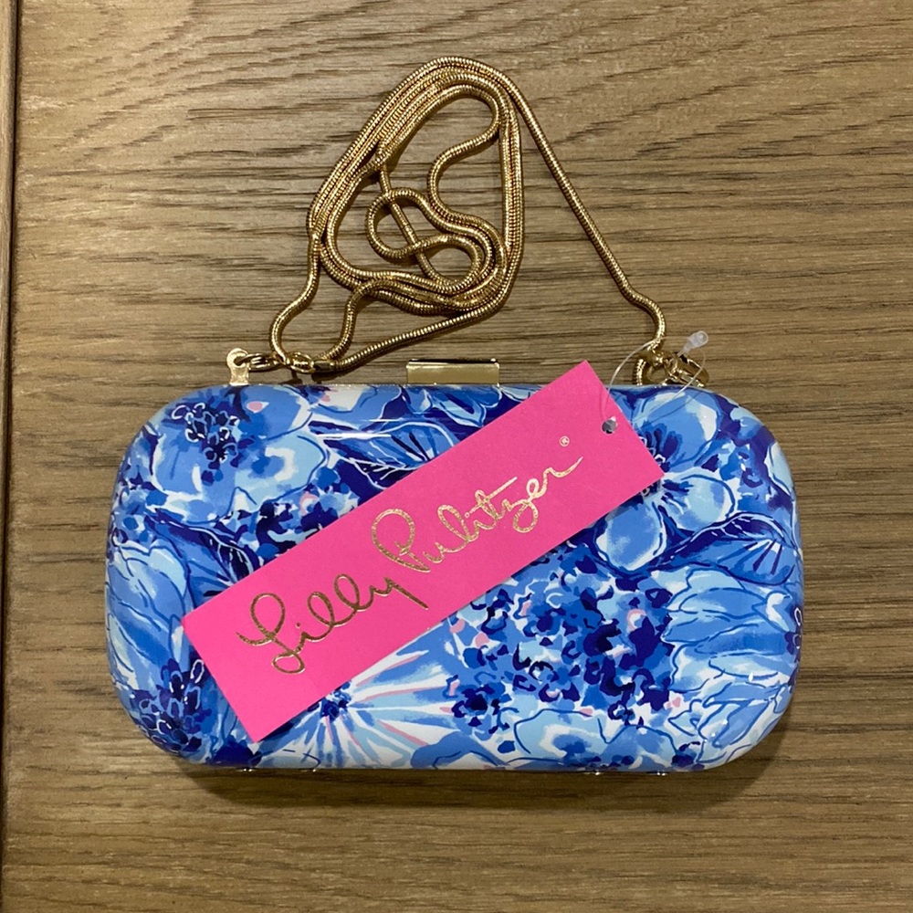 Lilly Pulitzer Clutch Coastal Blue Catch N Keep Hard Case Crossbody Chain Strap